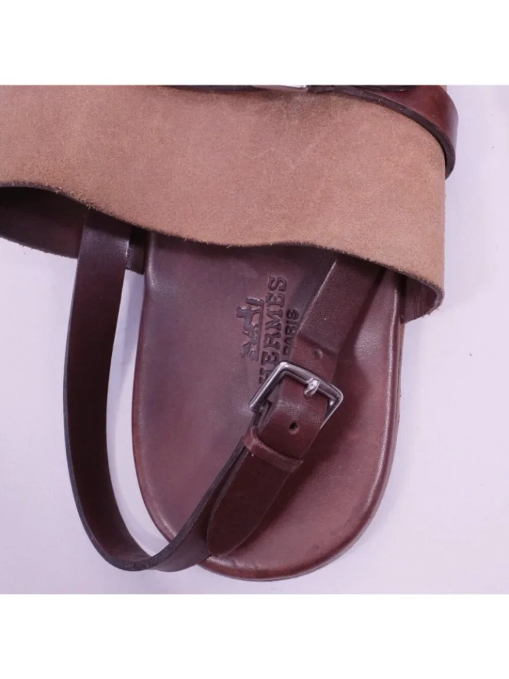 HERMES Tao sandals slides 43 US 10 leather brown silver buckles